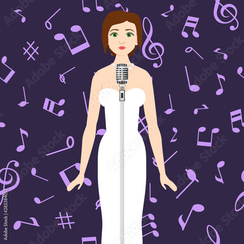 Woman singer in luxury white dresson musical notes with dark background vector cartoon illustration. Theater or opera singer. Singing songs.