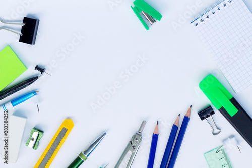 school supplies on white background top view. back to school