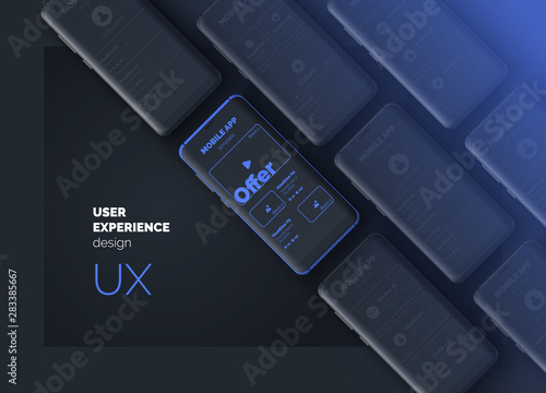 User experience. User interface. Mobile phone on a black background with interface pages. UI UX template for mobile application. Vector illustration. 3d