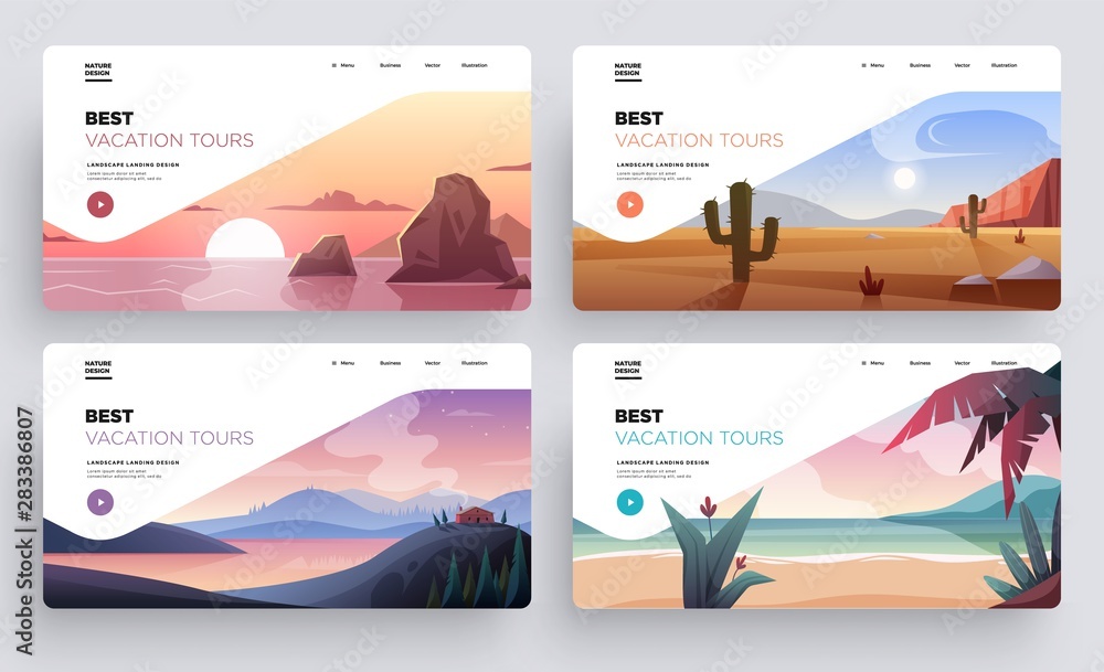 Collection of landing page templates. Modern landscape backgrounds. Best vacation tours commercial