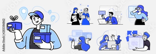 Collection of scenes at office. Bundle of men and women taking part in business meeting, negotiation, brainstorming, talking to each other. Outline vector illustration in cartoon style.