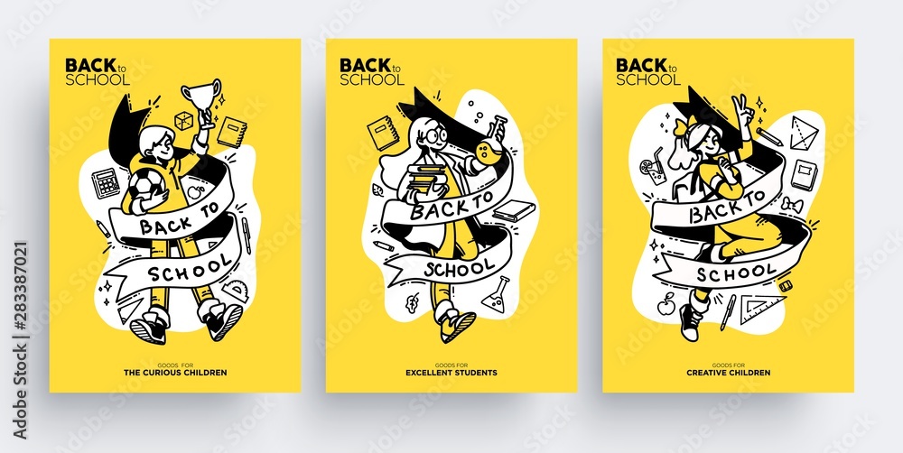 Set of Back to School greeting cards, posters or flyers. Cute happy children ready go back to school. Vector illustration