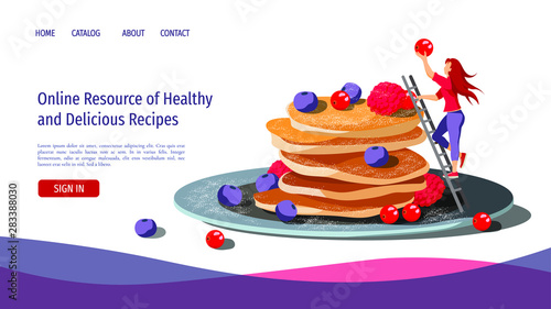 Web page design template for breakfast, healthy cooking, Recipes. Pancakes and woman on the stairs. Vector illustration for poster, banner, website development.