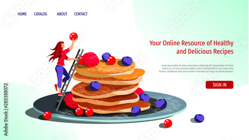 Web page design template for breakfast, healthy cooking, recipes. Woman on the stairs and pancakes on the plate. Vector illustration for poster, banner, website development.