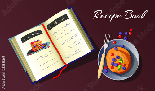 Pancakes on the plate and open recipe book. Vector illustration for cooking and recipes. Poster, banner, cover, card design.