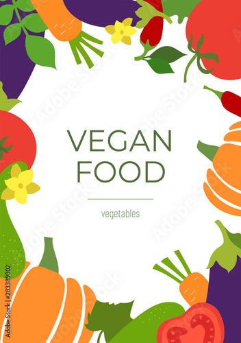 Vegan food. Vegetables sketch menu frame. Fresh tomato, eggplant, cucumber, pumpkin, carrot, and chili pepper. Hand drawn color vector design template. Organic healthy market. Salad ingredients