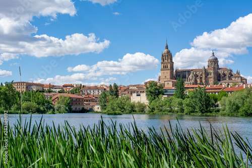 Salamanca Old and New Cathedrales reflected on Tormes River  Spain