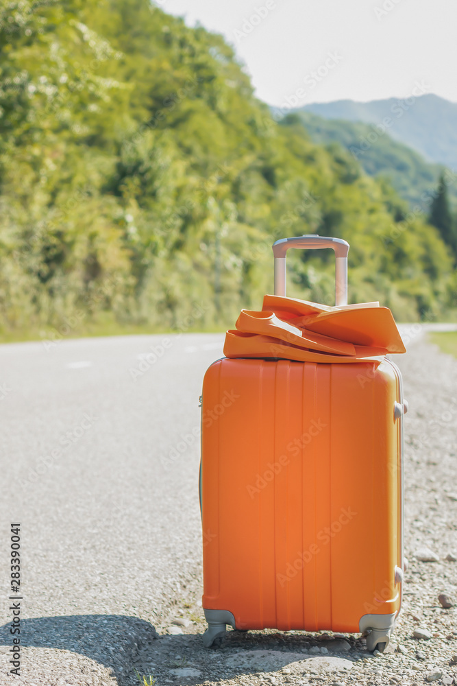 orange suitcase and fins on the background of nature. The concept of a family vacation, weekend