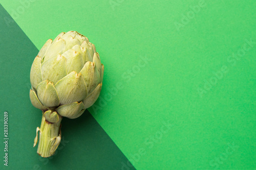 Ripe artichoke on duotone background of different shades of green color. Creative food poster for Mediterranean cuisine vegan healthy diet local produce concept. Poster with copy space