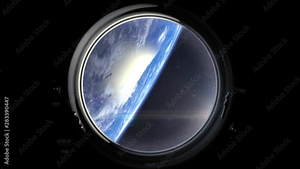 A view of the Earth through the porthole of a international space station. Spaceship is moving away from the Earth. Realistic atmosphere. 3D Volumetric clouds. ISS. A view of the Earth through the porthole of a international space station. Spaceship is moving away from the Earth. Realistic atmosphere. 3D Volumetric clouds. ISS.