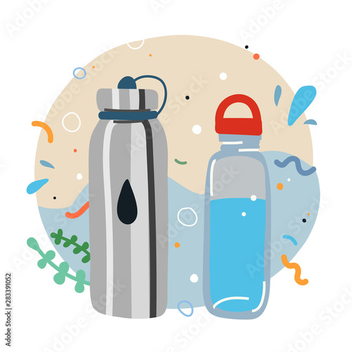 Hand drawn zero waste banner. Ecological lifestyle vector illustration in modern trendy flat cartoon style. Reusable plastic and steel bottles for water on background with doodles.