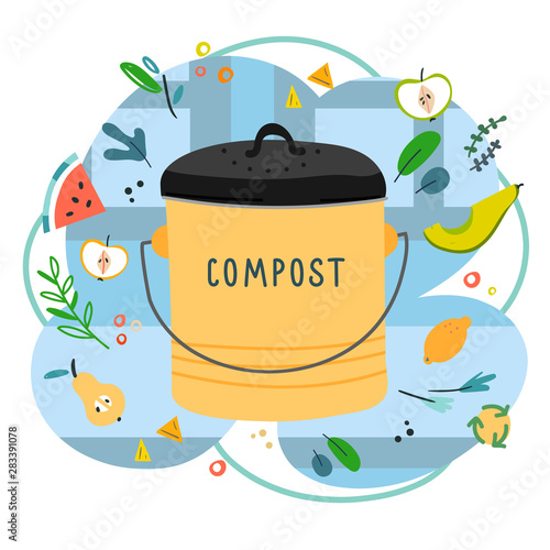 Hand drawn zero waste banner. Ecological lifestyle vector illustration in modern trendy flat cartoon style. kitchen composter bin, for vegetables and  scraps on background with doodles. Waste for dome