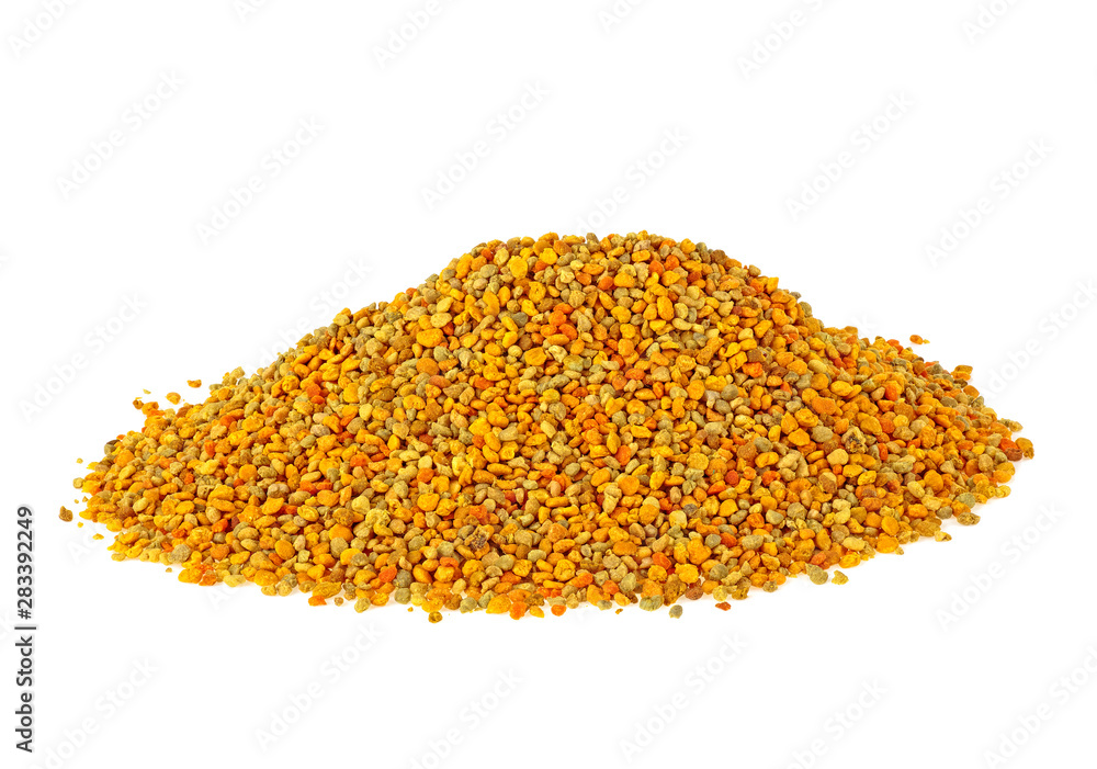 Bee pollen grains on a white background. Healthy natural medicine for influenza. Bee pollen grains on a white background. Healthy natural medicine for influenza.