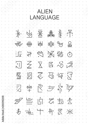 Unknown alphabet, Alien hieroglyphics symbols. Fictional characters suitable for magic characters, runes, UFO language, encrypted code. Vector unknown language alphabet