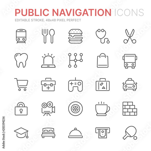 Collection of public navigation related line icons. 48x48 Pixel Perfect. Editable stroke