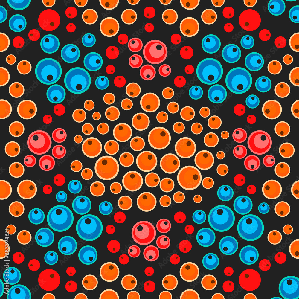 Berry Seamless Background In Flat Style. Tribal Color Flowers On Black Background. Berry Seamless Background In Flat Style. Tribal Color Flowers On Black Background.