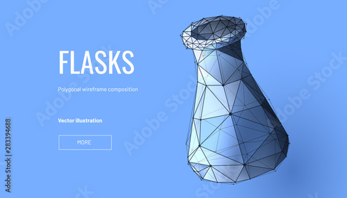 Medical Flasks. Low poly wireframe style. Concept of experiments, laboratory. Polygonal abstract isolated on blue background. Particles are connected in a geometric silhouette. Vector