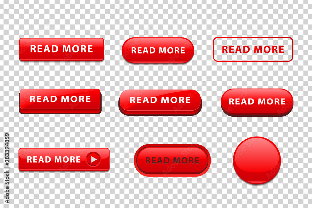 Vector set of realistic isolated red button of Read More logo for website decoration and landing covering on the transparent background.