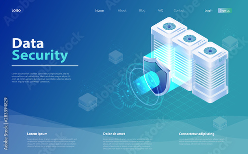 Big data flow processing data protection concept. Cloud database, web hosting server room. Isometric database protection concept.