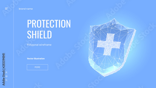 Shield. Low poly wireframe style. Concept of Data Protection Design. Digital shield. Polygonal abstract isolated on blue background. Particles are connected in a geometric silhouette. Vector