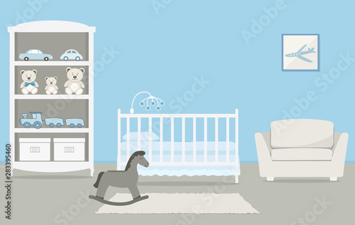 Kid's room for a newborn baby. Interior bedroom for a baby boy in a blue color. There is a cot, a wardrobe with toys, armchair, a rocking horse and other things in the picture. Vector illustration