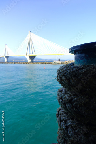 Famous modern anti seismic cable bridge of Rio Antirio Harilaos Trikoupis that connects Peloponnese to mainland Greece photo