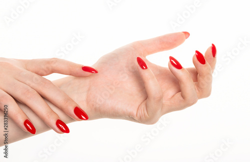 Εκτύπωση καμβά Woman showing manicured hands with red nail polish