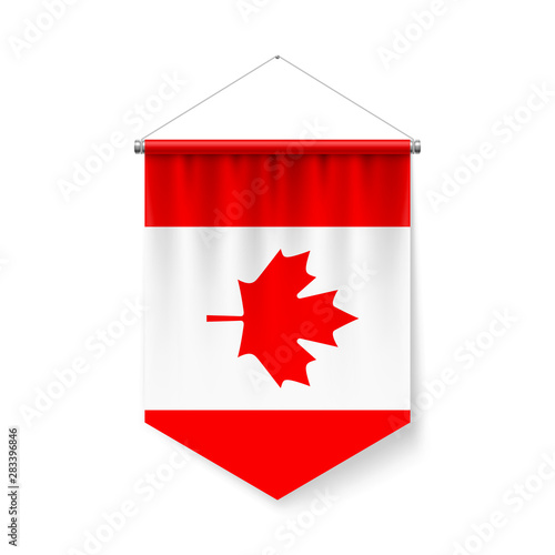 Vertical Pennant Flag of Canada as Icon on White with Shadow Effects. Patriotic Sign in Official Color and Flower Canadian Flag with Metallic Poles Hanging on the Rope