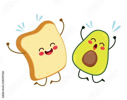 Cute best friends toast and avocado characters jumping happy