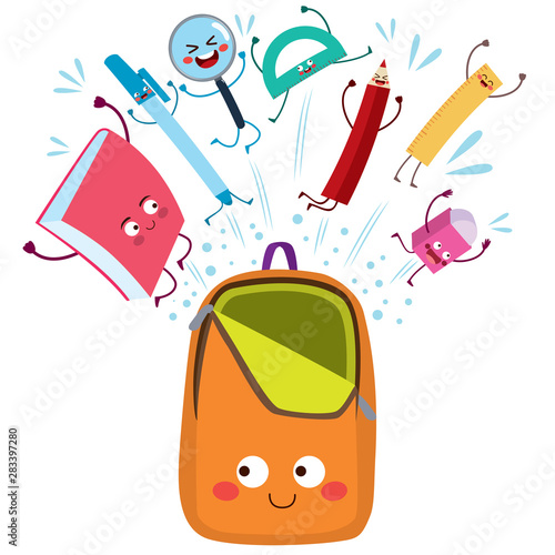 Cute back to school backpack with education school supplies characters
