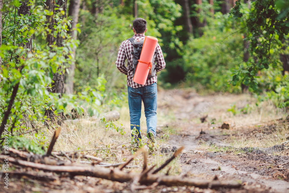 Fototapeta premium Concept breathtaking journey and adventure. Back view hike brave Caucasian guy with backpack walks into forest along country road. Theme tourism and outdoor activities. backpacker goes through forest