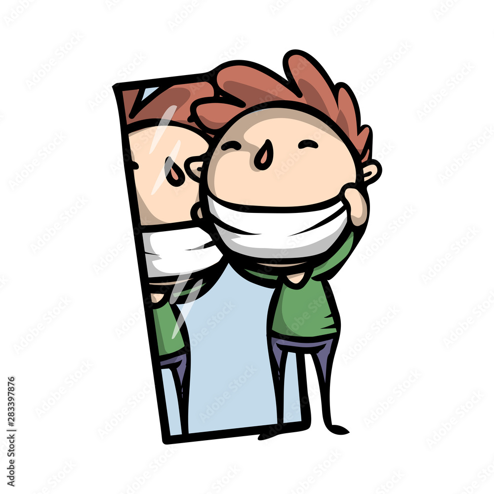 Obraz premium A young handsome guy looks in the mirror and shows off in front of him.