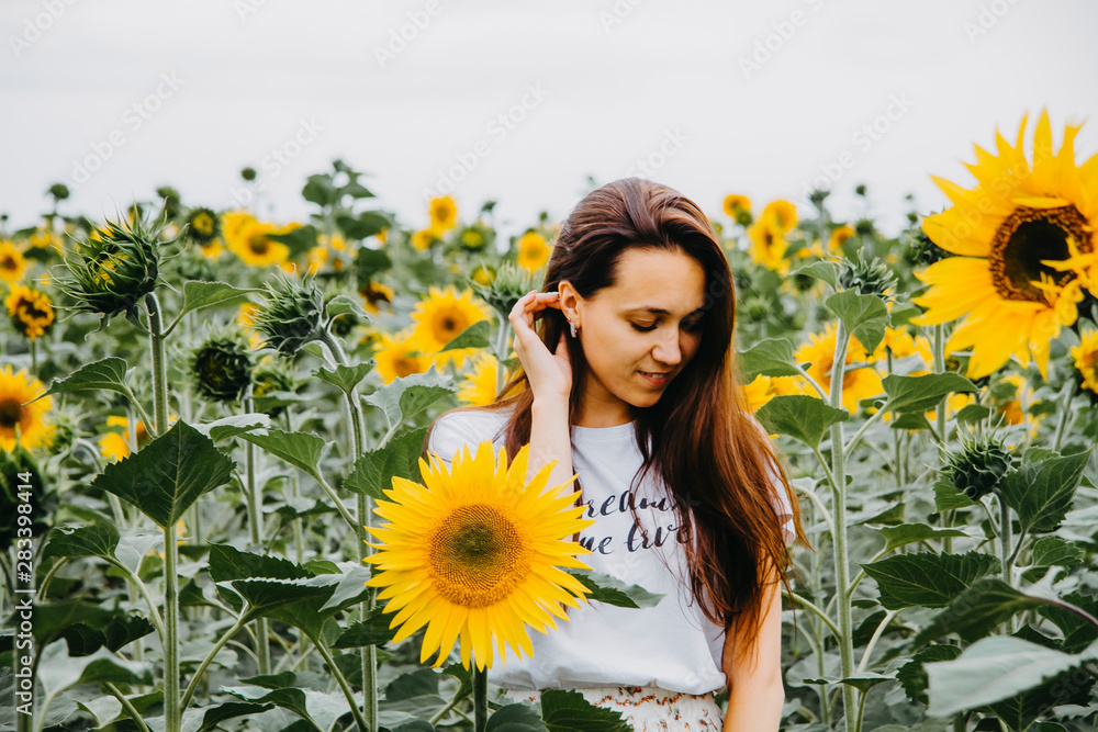 A beautiful young woman with long hair is standing in a field of sunflowers looking down A beautiful young woman with long hair is standing in a field of sunflowers looking down