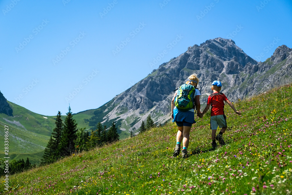 Hiking in the alpine Valley of Brandnertal, Vorarlberg, Austria, Europe
