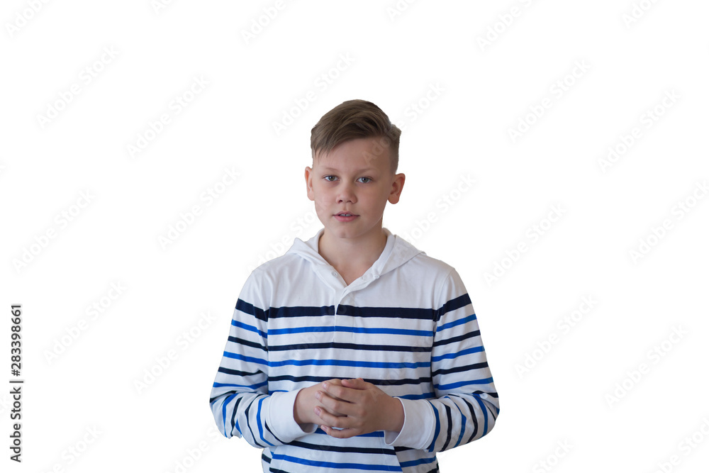 Portrait of a schoolboy on a white background.. Isolate.