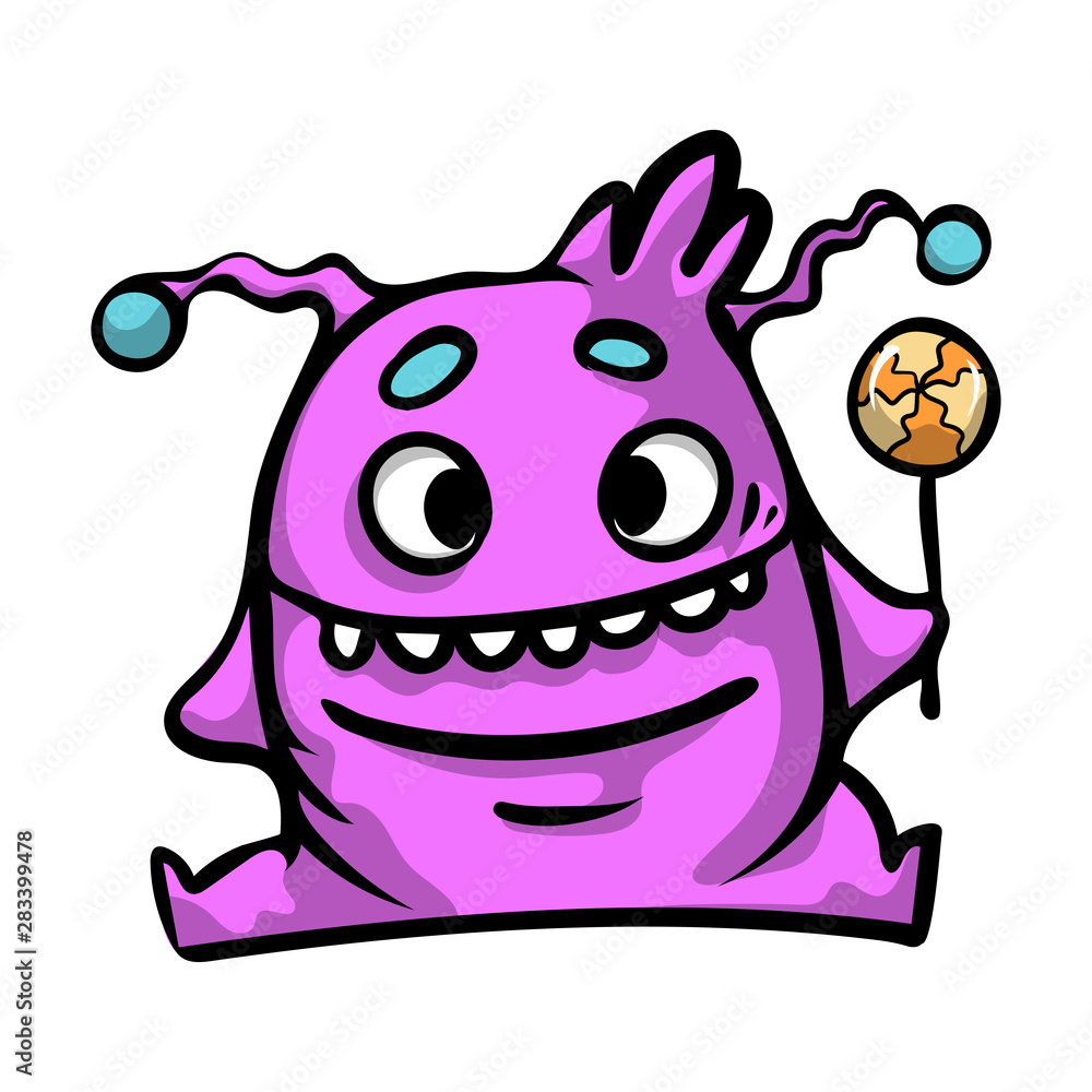 Beautiful cheerful and cute cartoon monsters with a candy in hand and a kind smile. Beautiful cheerful and cute cartoon monsters with a candy in hand and a kind smile.