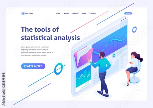 Isometric concept young entrepreneurs testing statistical analysis tools on a tablet. Template landing page for website