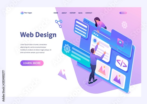 Isometric concept young people are engaged in web design, website page development. Template landing page for website