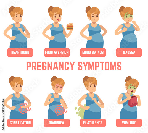 Pregnancy symptoms. Early signs pregnant woman change appetite heartburn vomiting diarrhea constipation mood swings. Flat vector set