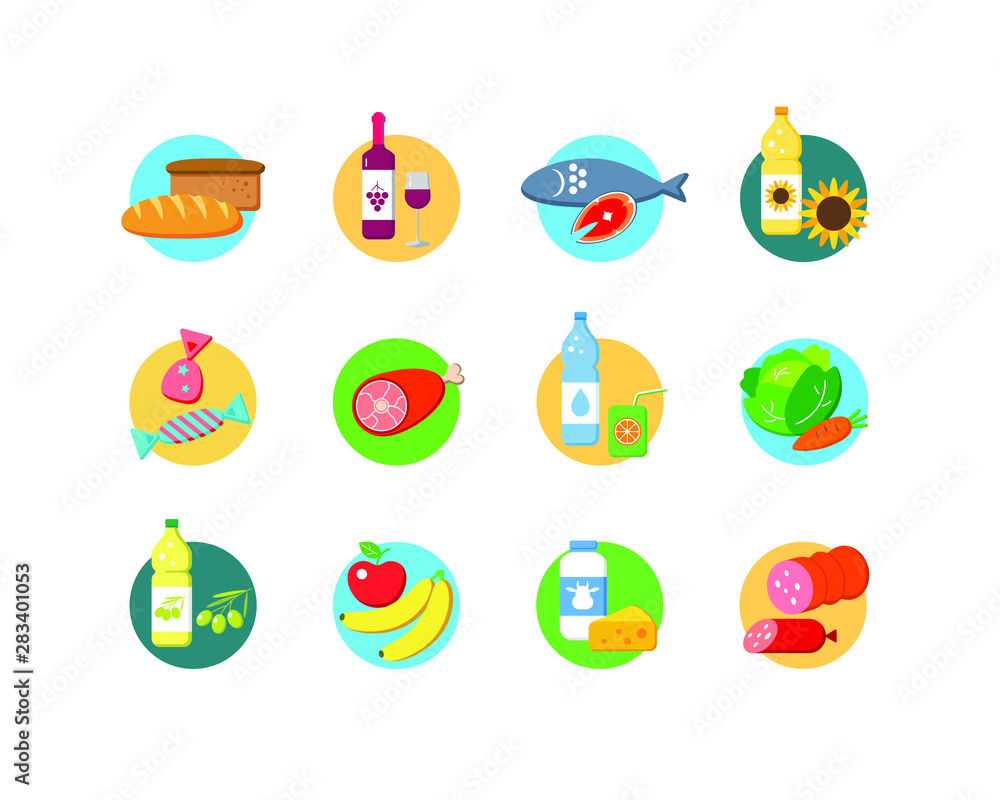 Food and drinks set flat icons. Vector illustration.