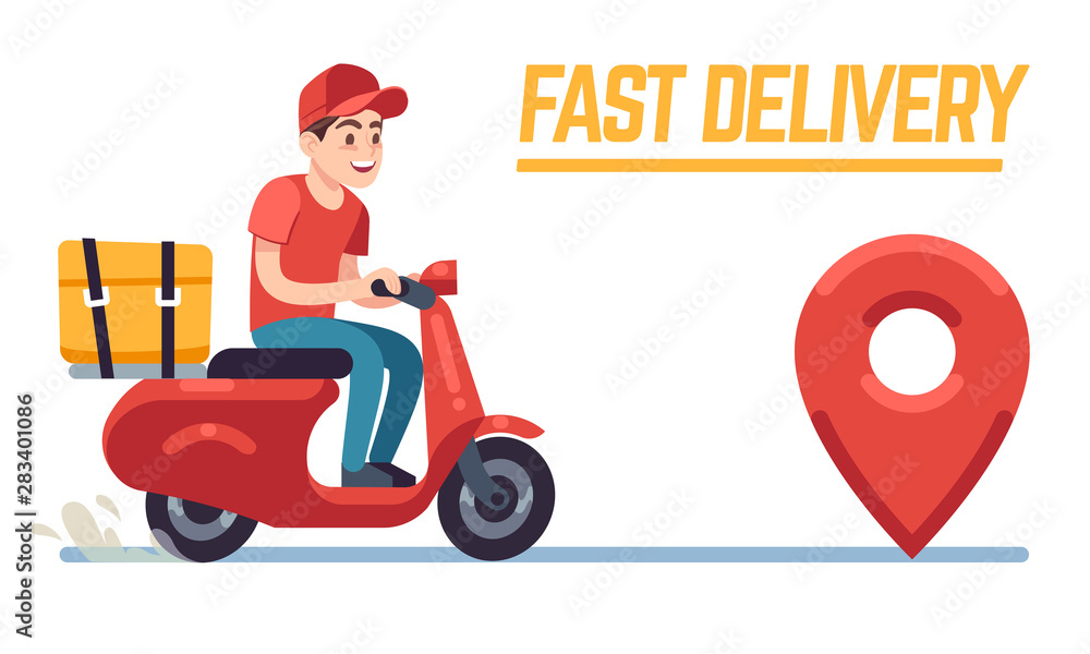 Scooter with delivery man. Fast courier with pizza, motorcycle driver on road to client. Restaurant food service flat vector concept Scooter with delivery man. Fast courier with pizza, motorcycle driver on road to client. Restaurant food service flat vector concept