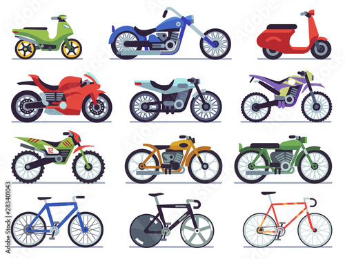 Motorcycle set. Motorbike and scooter, sport bike and chopper. Motocross race and delivery vehicles side view isolated vector flat set