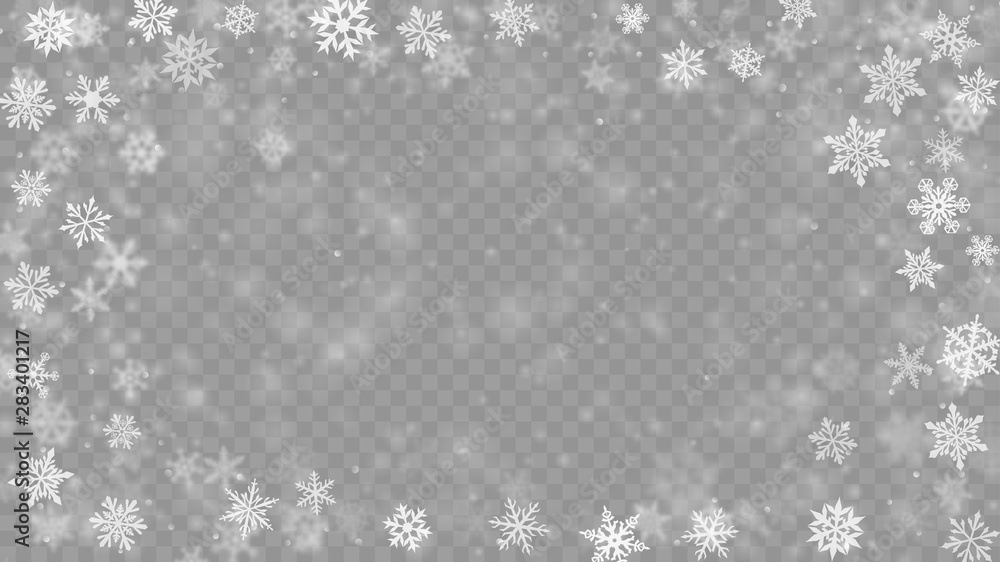 Christmas blurred illustration of complex defocused big and small falling snowflakes in white and gray colors with bokeh effect on transparent background Christmas blurred illustration of complex defocused big and small falling snowflakes in white and gray colors with bokeh effect on transparent background