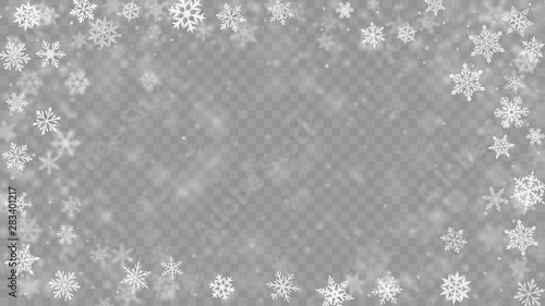 Christmas blurred illustration of complex defocused big and small falling snowflakes in white and gray colors with bokeh effect on transparent background