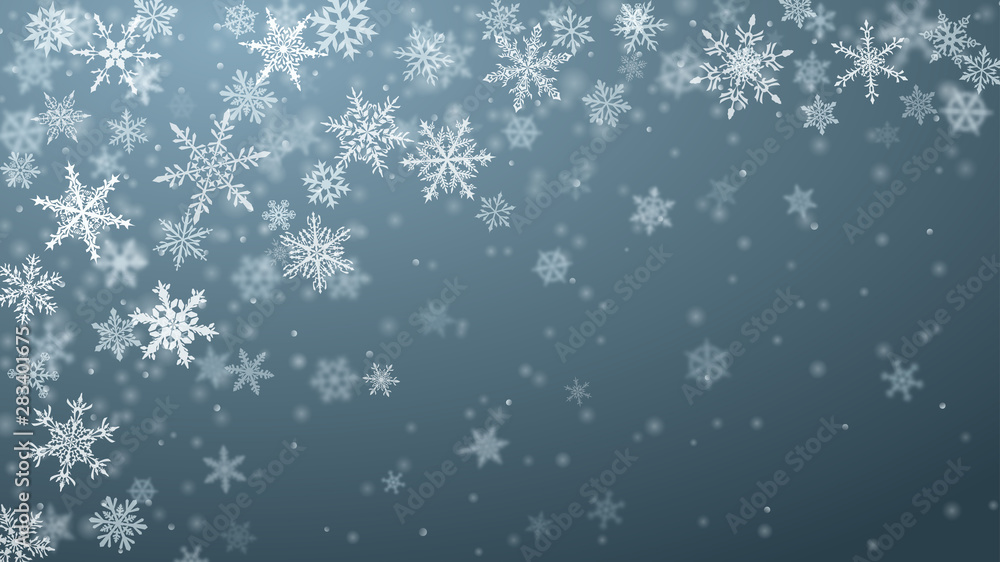 Christmas background of complex blurred and clear falling snowflakes in gray colors with bokeh effect Christmas background of complex blurred and clear falling snowflakes in gray colors with bokeh effect