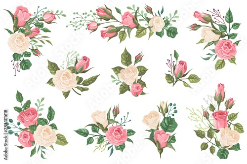 Rose bouquets. Floral invitations with red white and pink rose buds with green leaves. Wedding bouquets for greeting card. Vector set