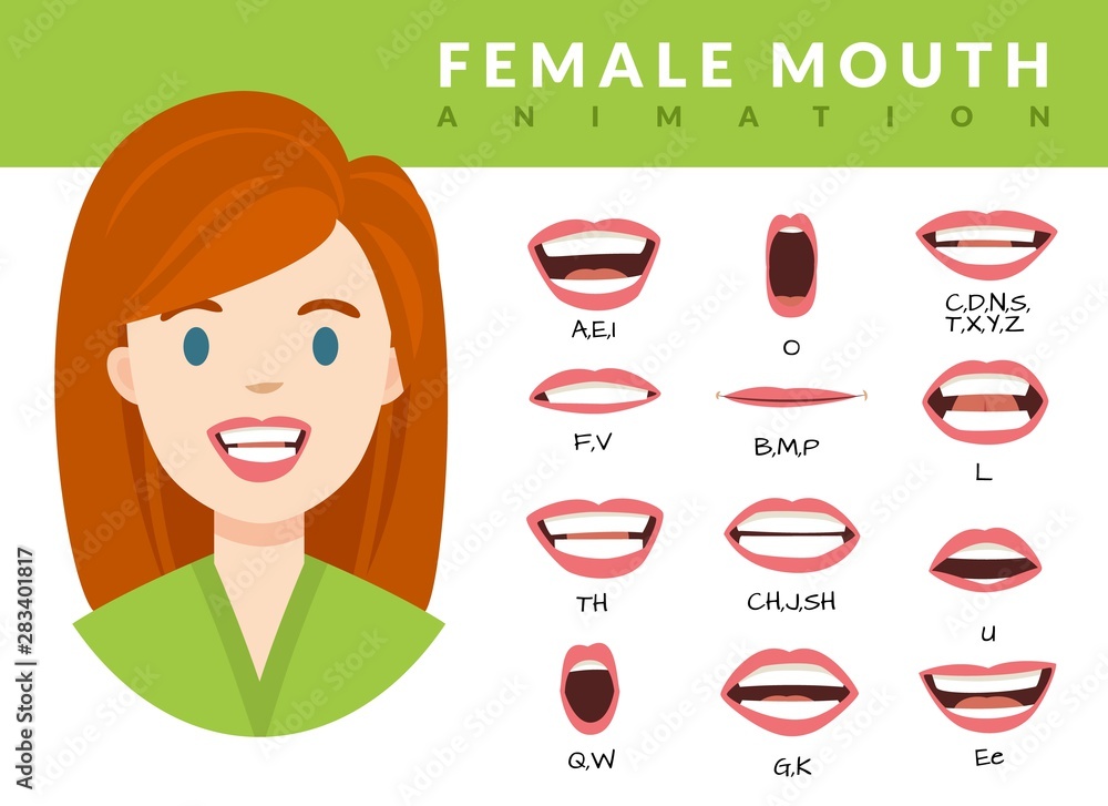 Female mouth animation. Womans talking mouths lips for cartoon