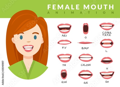 Female mouth animation. Womans talking mouths lips for cartoon character animation and english pronunciation. Sync speech expression vector set