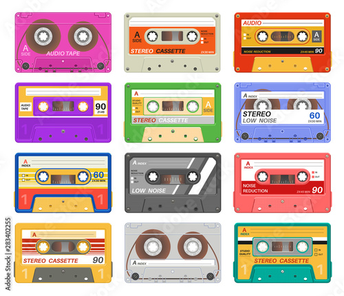 Cassettes. Different color music tape retro audio cassette. Old school 90s record technology vintage media device. Vector set