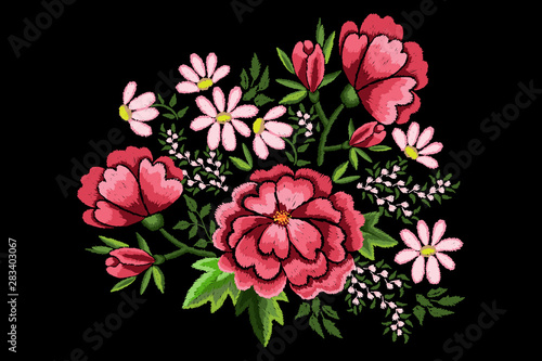 Embroidery flowers, dog roses and chamomile on black background. Satin stitch imitation, vector.